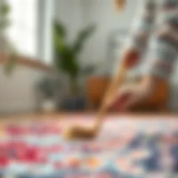 A person gently scrubbing a colorful rug with a soft brush