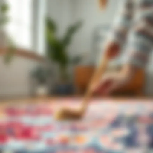A person gently scrubbing a colorful rug with a soft brush