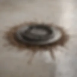 Close-up of a clogged shower drain showing hair and debris accumulation