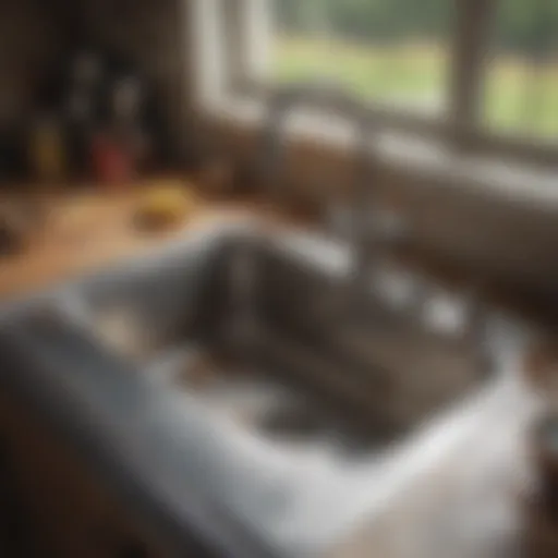 Clogged kitchen sink showing debris buildup