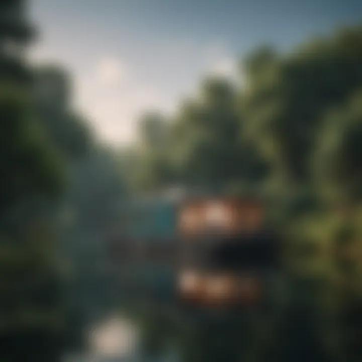 A scenic houseboat floating on tranquil waters surrounded by greenery.