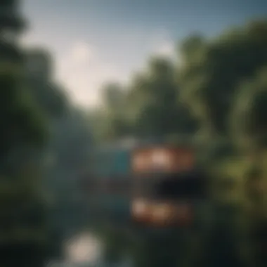 Scenic Houseboat on Tranquil Waters A scenic houseboat floating on tranquil waters surrounded by greenery.