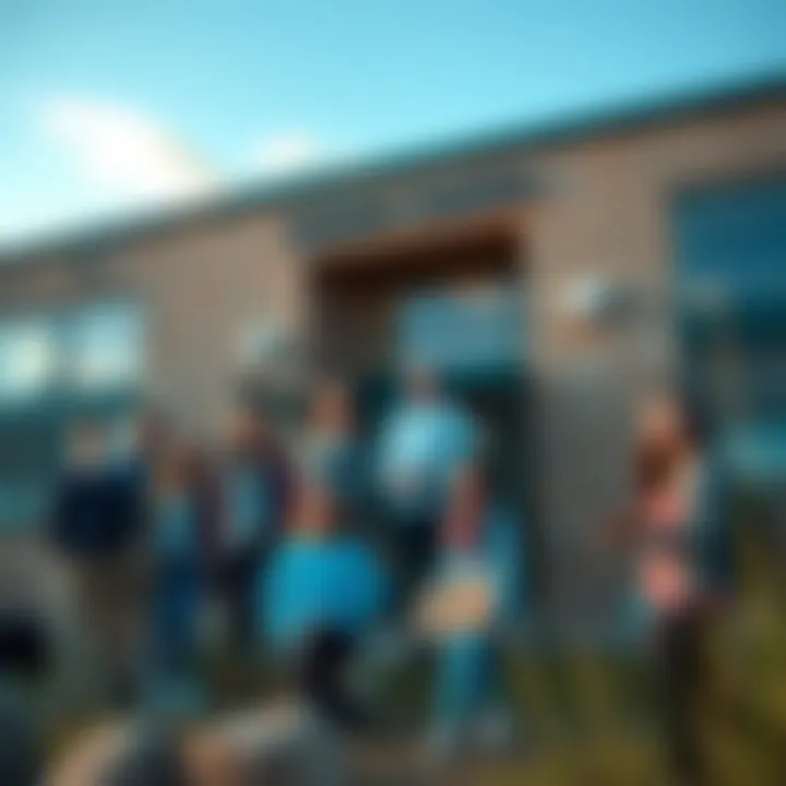 Local School with Engaged Students Local school building with happy students