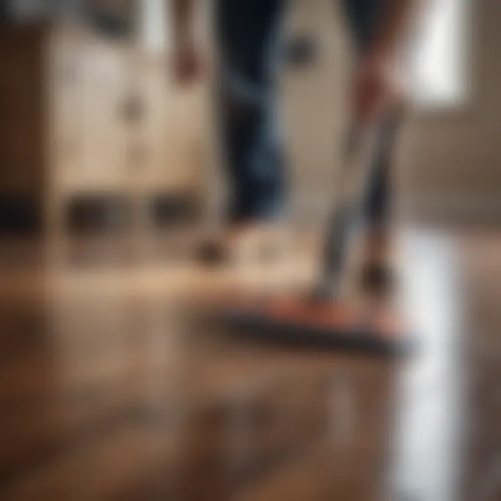 A professional demonstrating effective cleaning techniques on laminate flooring.