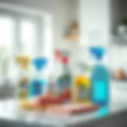 Essential cleaning supplies neatly arranged on a countertop