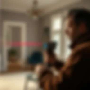 Using a Laser Measuring Tool A person using a laser measuring tool to accurately measure a room's area