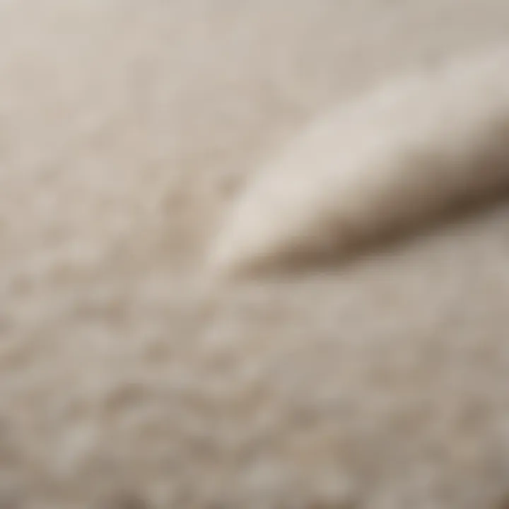 A close-up of a white shag rug with a visible stain, demonstrating a cleaning technique