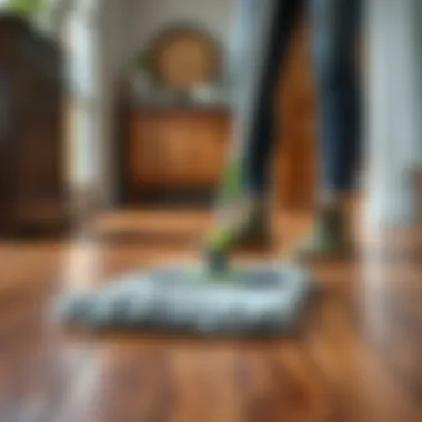 Effective Mopping Technique for Wood Floors Wood floor being cleaned with a mop and cleaning solution