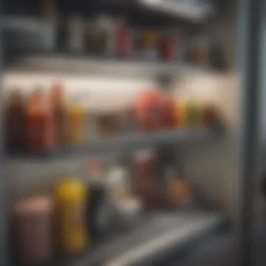 Detailed view of refrigerator shelves being cleaned