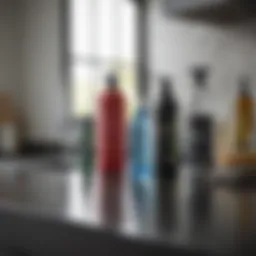 Essential cleaning supplies arrayed on a kitchen counter