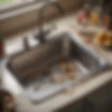 A close-up of a clogged kitchen sink showing food debris and grease buildup