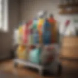 A well-organized cleaning cart filled with various cleaning supplies arranged neatly.