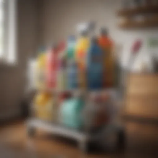 A well-organized cleaning cart filled with various cleaning supplies arranged neatly.