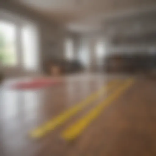 A measuring tape stretched across a room floor