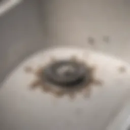 A close-up view of a bathtub drain showing debris buildup