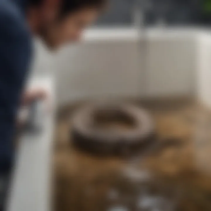 A person using a drain snake to clear a blockage
