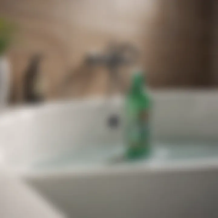 A bottle of natural drain cleaner next to a bathtub