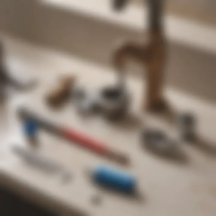 Various plumbing tools laid out for unclogging a drain
