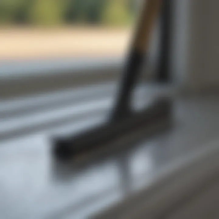 A squeegee resting on a clean window surface