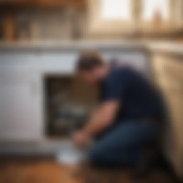 A homeowner inspecting the plumbing under a sink.