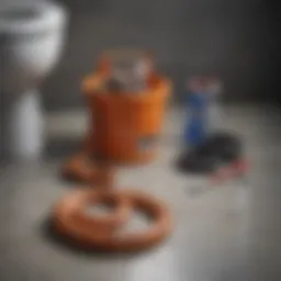 Essential tools for snaking a toilet drain, showcasing a plumbing snake, gloves, and a bucket