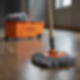 A variety of mops and cleaning tools arranged neatly