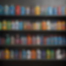 Array of colorful cleaning supplies organized neatly on a shelf