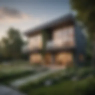Eco-Friendly Duplex Home with Green Landscaping A completed duplex home surrounded by greenery, demonstrating eco-friendly landscaping