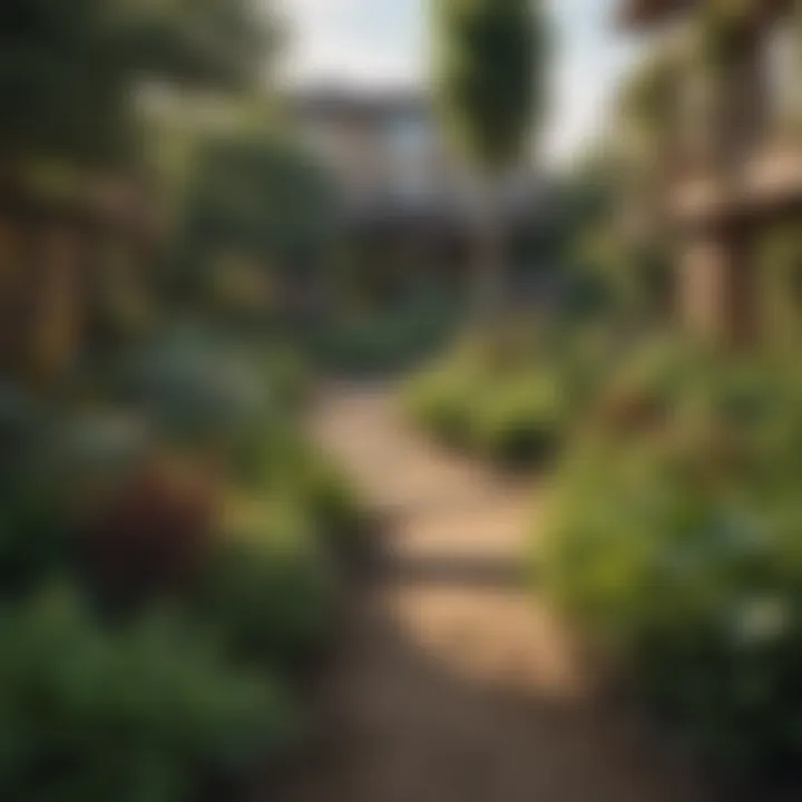 Cozy community garden area surrounded by apartment buildings in Highland Park