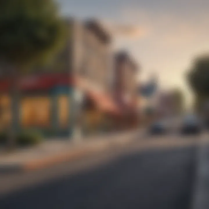 Vibrant street view of Highland Park with a mix of residential and commercial spaces