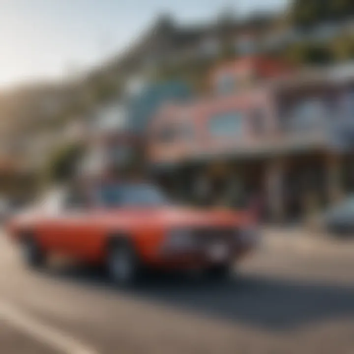 A vibrant street scene capturing the essence of Signal Hill's automotive lifestyle