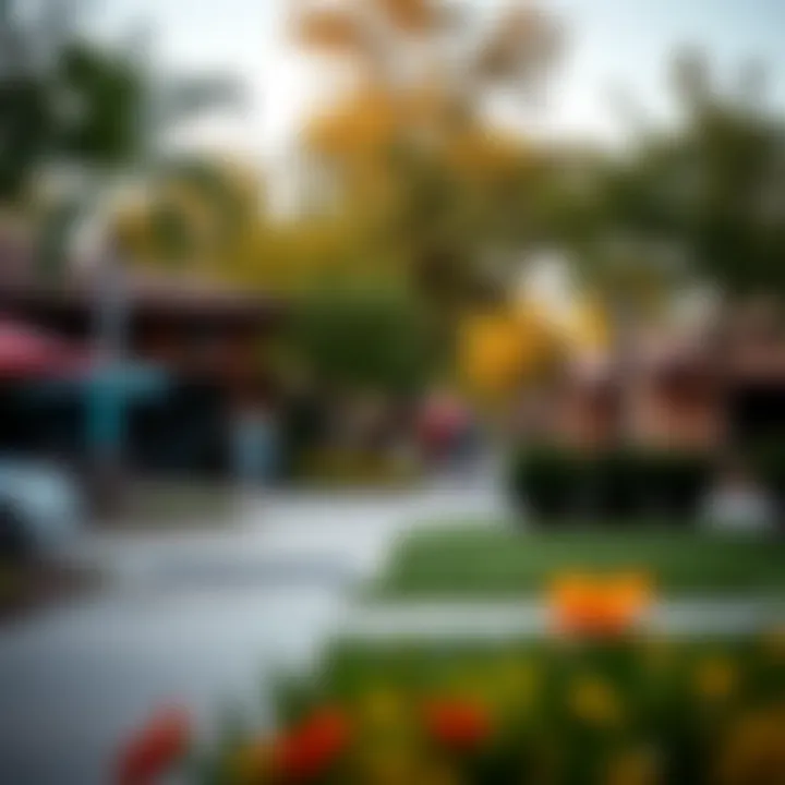 Vibrant neighborhood scene surrounding Garden Park Apartments, depicting local parks and shops