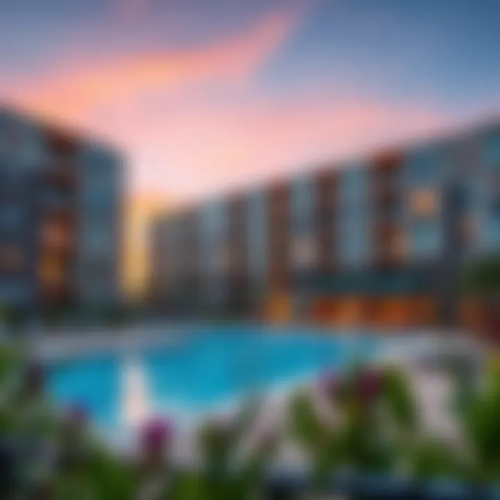 Modern apartment complex with pool amenities in Far North Dallas