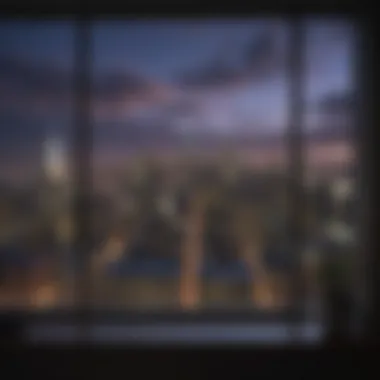 A vibrant city skyline viewed from a studio window, representing prime locations for renting