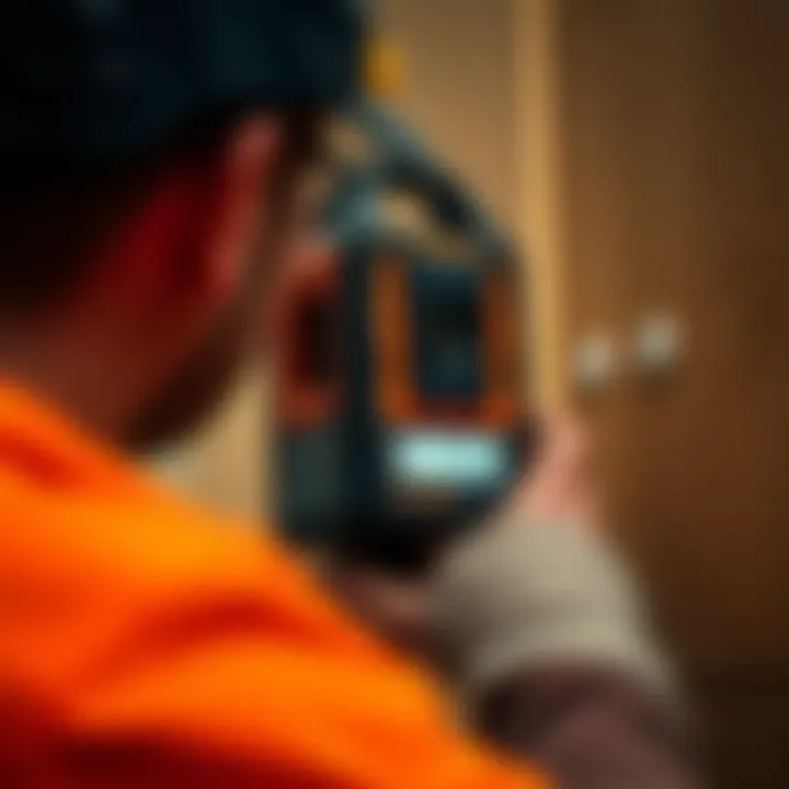 Using an Advanced Stud Finder Stud finder device in use