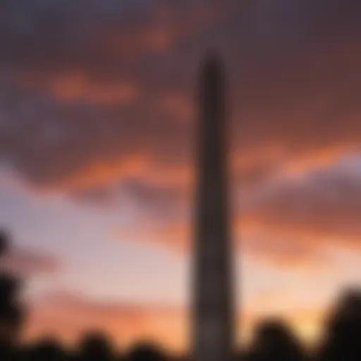 The iconic silhouette of the Washington Monument against a vibrant sunset sky.