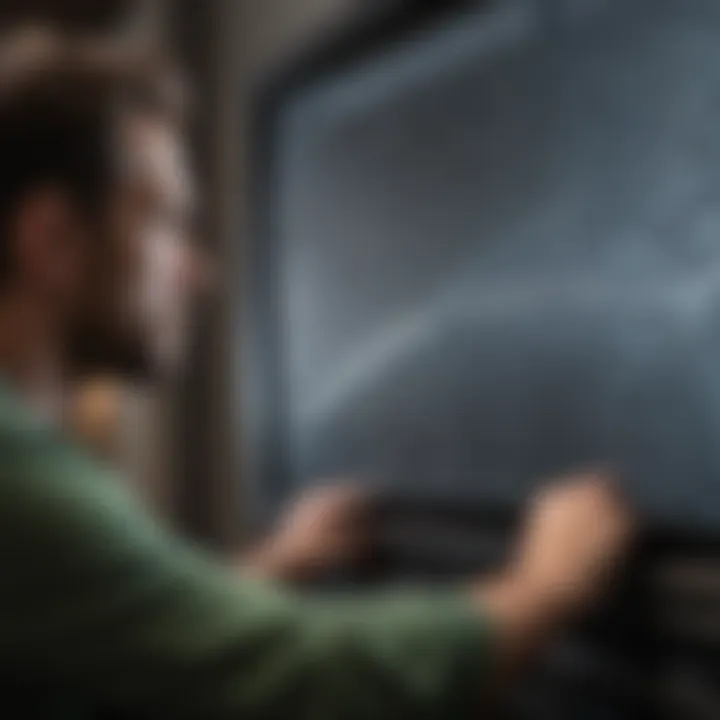 Professional technician inspecting a TV screen for scratches