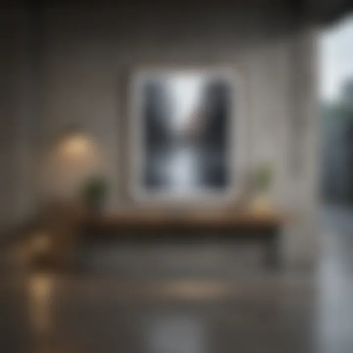 Stylish arrangement of framed artwork on concrete