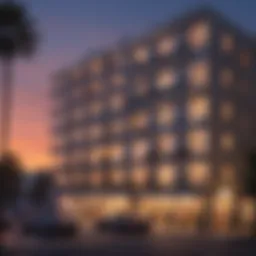 Stunning view of Hollywood Sunset Apartments with sunset backdrop