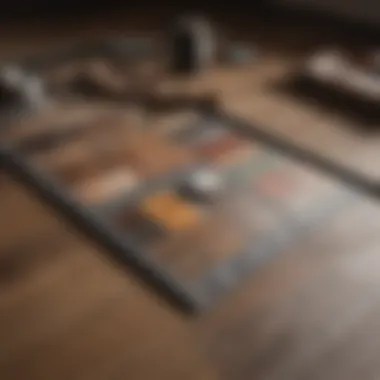 Flooring material samples on a measurement chart