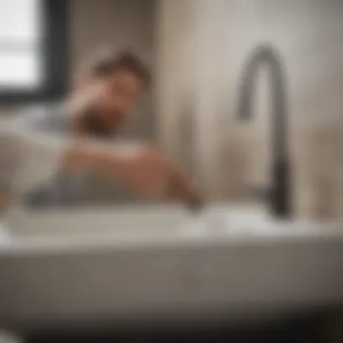 Demonstration of using a plunger on a sink to clear a blockage