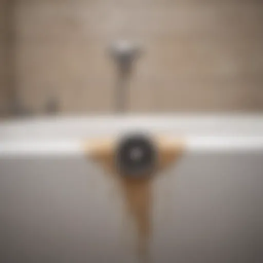 A close-up of a bathtub drain showing hair and debris buildup