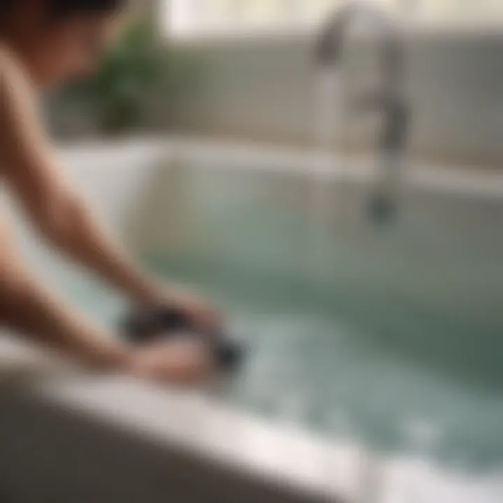 A person pouring a natural solution into the bathtub drain to dissolve clogs