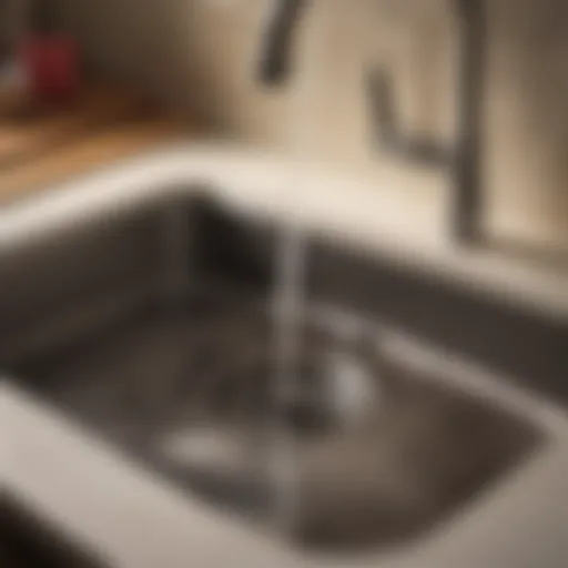 A close-up of a clogged kitchen sink drain