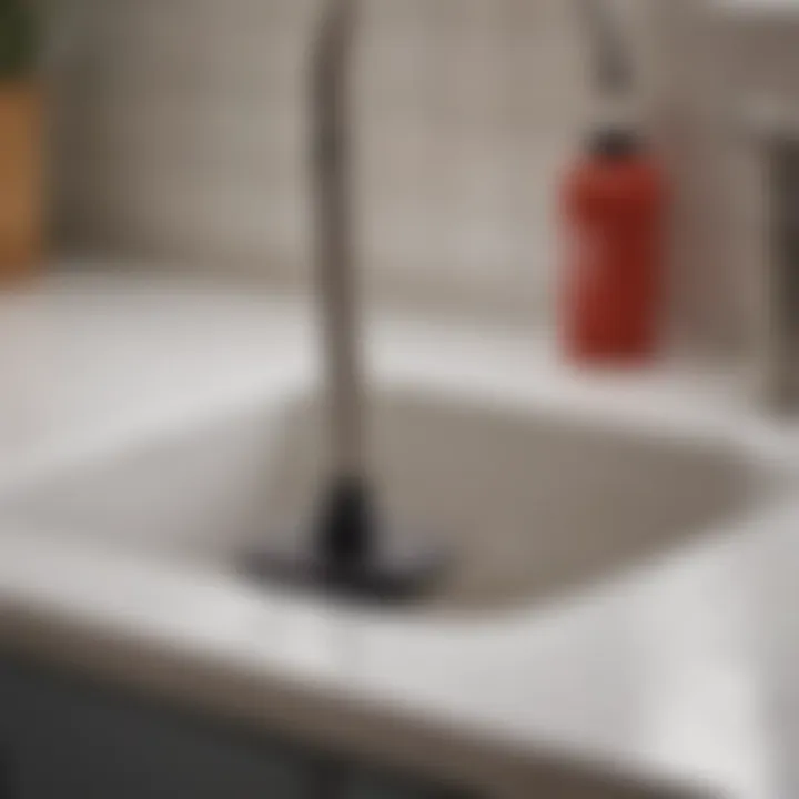 A plunger resting next to a kitchen sink