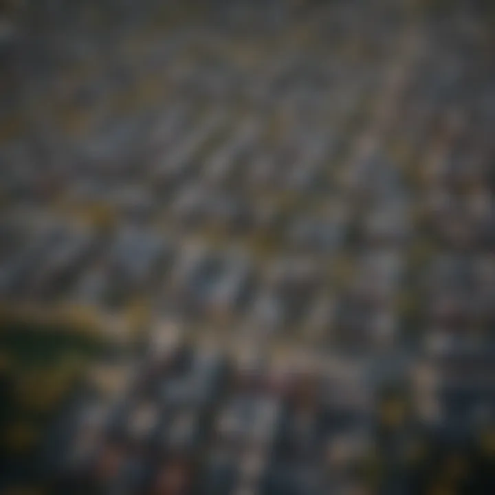 Aerial view of a bustling urban neighborhood showcasing residential properties.