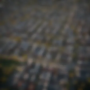 Urban Neighborhood Growth Potential Aerial view of a bustling urban neighborhood showcasing residential properties.
