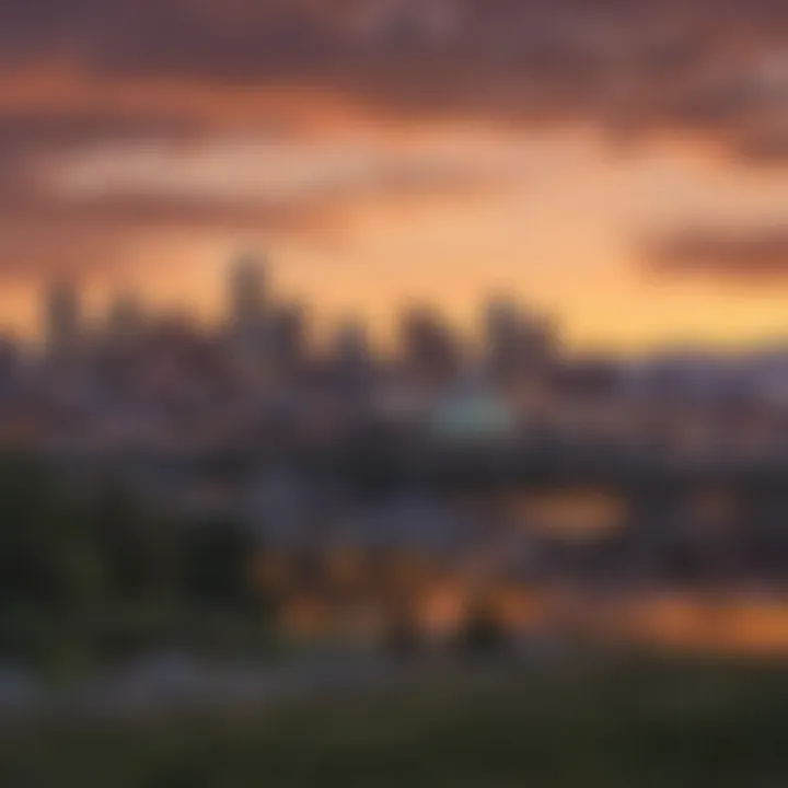 A stunning view of the Denver skyline against the backdrop of the Rocky Mountains during sunset