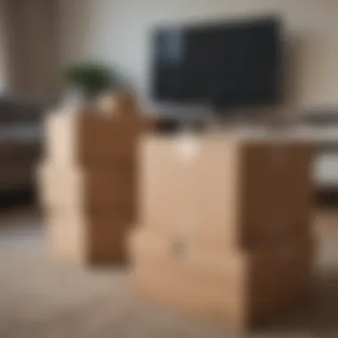 Neatly Packed Boxes Ready for Moving Packing boxes stacked neatly in a living room