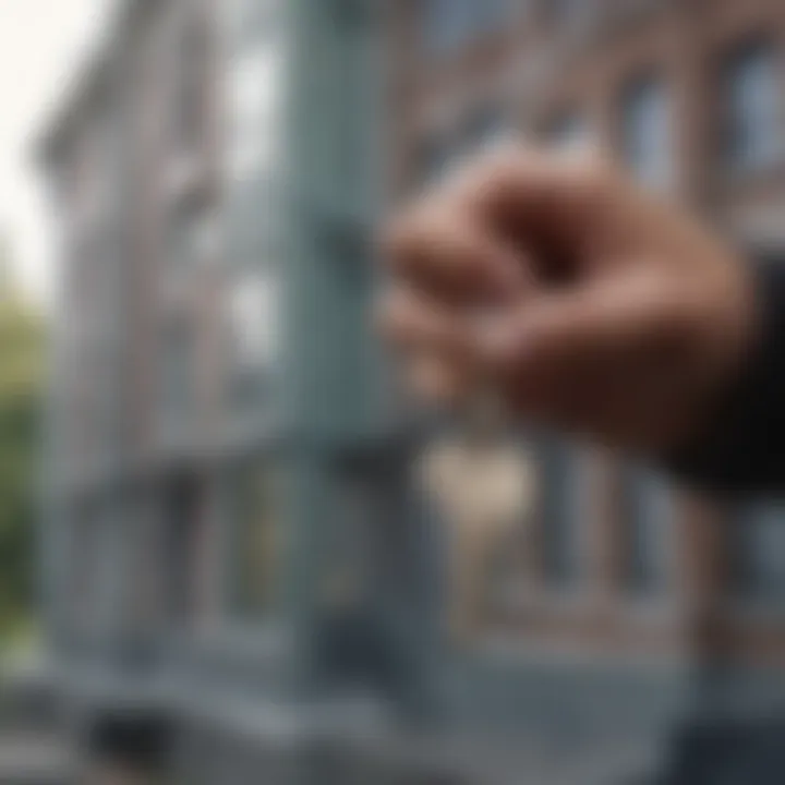 A hand holding keys in front of an apartment building